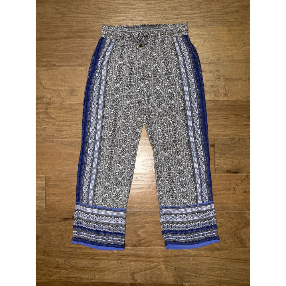 Artisan NY Blue White Medallion Tile Print Wide Leg Rayon Pants Womens Large